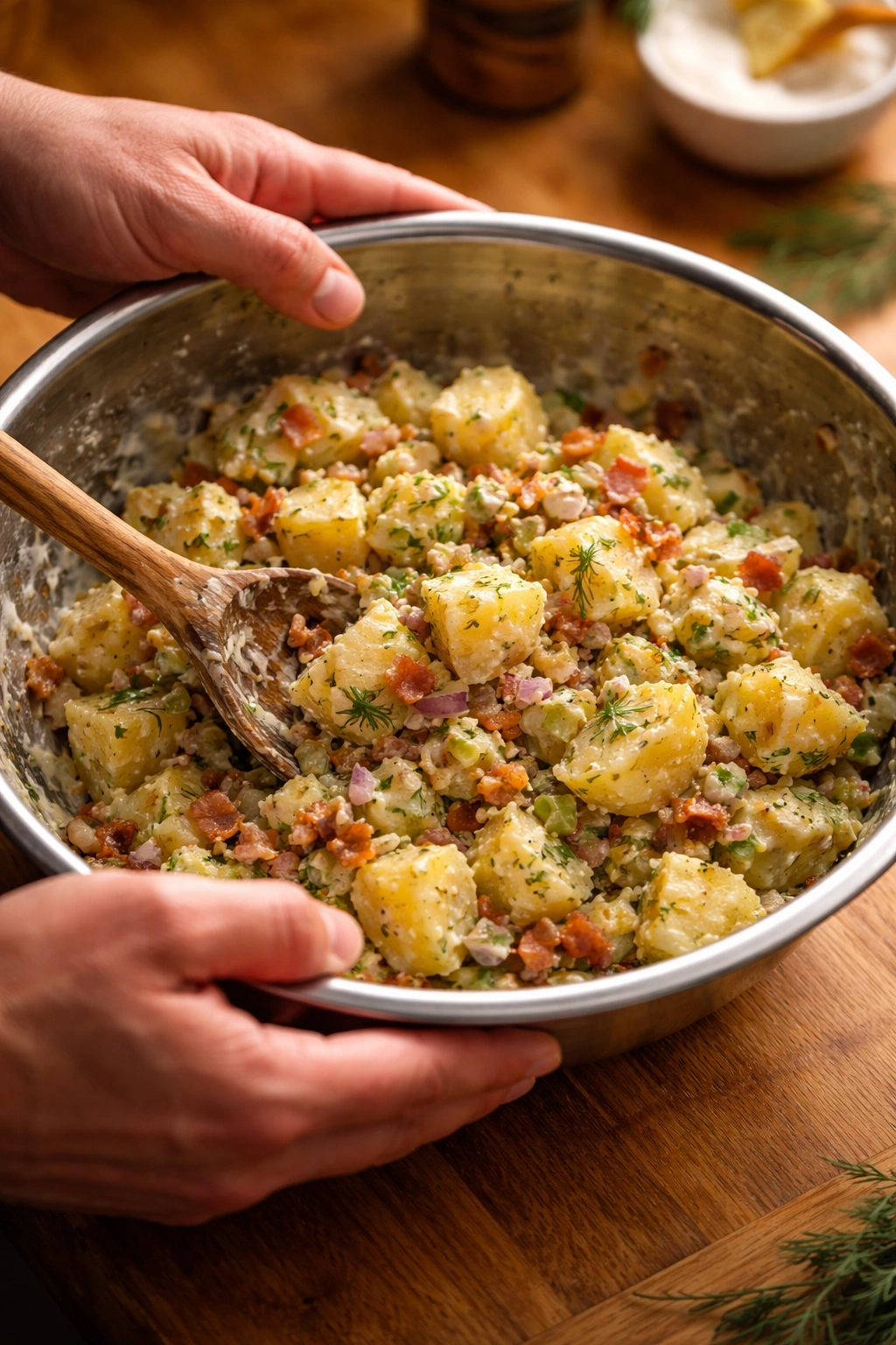 Hands folding warm potato salad in a mixing bowl, emphasizing technique.