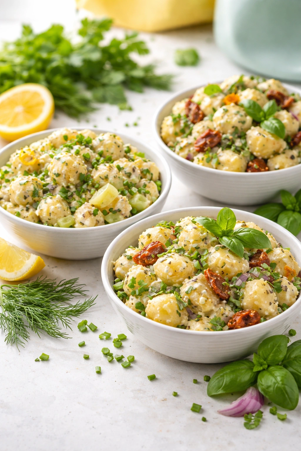 Three bowls of potato salad showing herb-driven variations (dill, chives, basil).