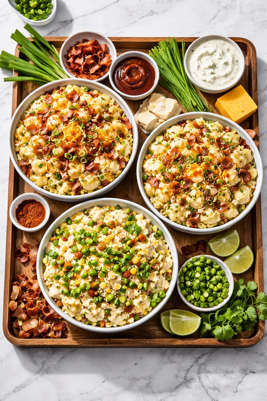 Three bowls with variation ingredients for potato salad