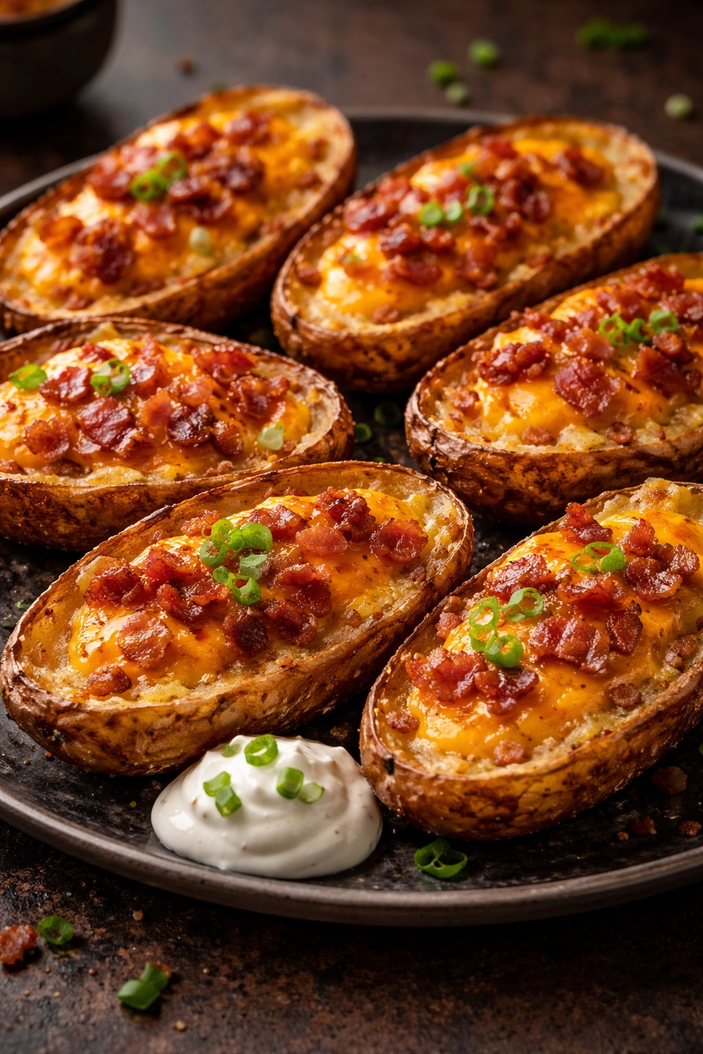 Close-up of crispy bacon cheddar potato skins on a dark plate