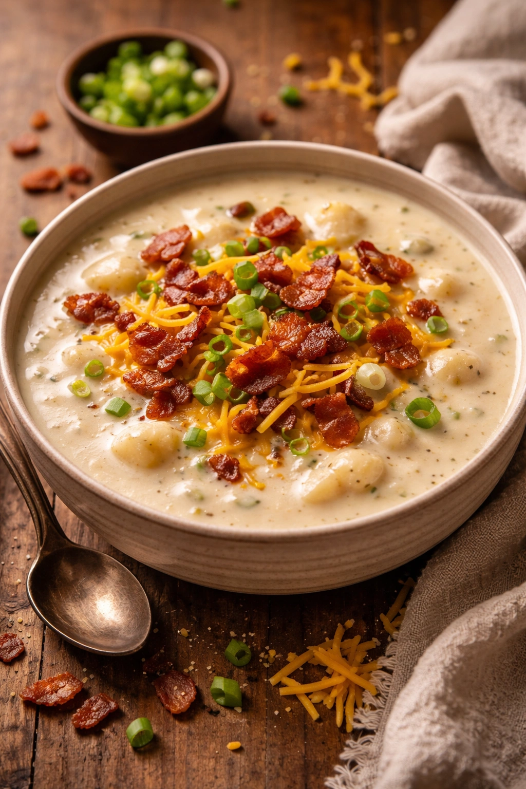 Creamy loaded potato soup with bacon, cheddar, and chives.