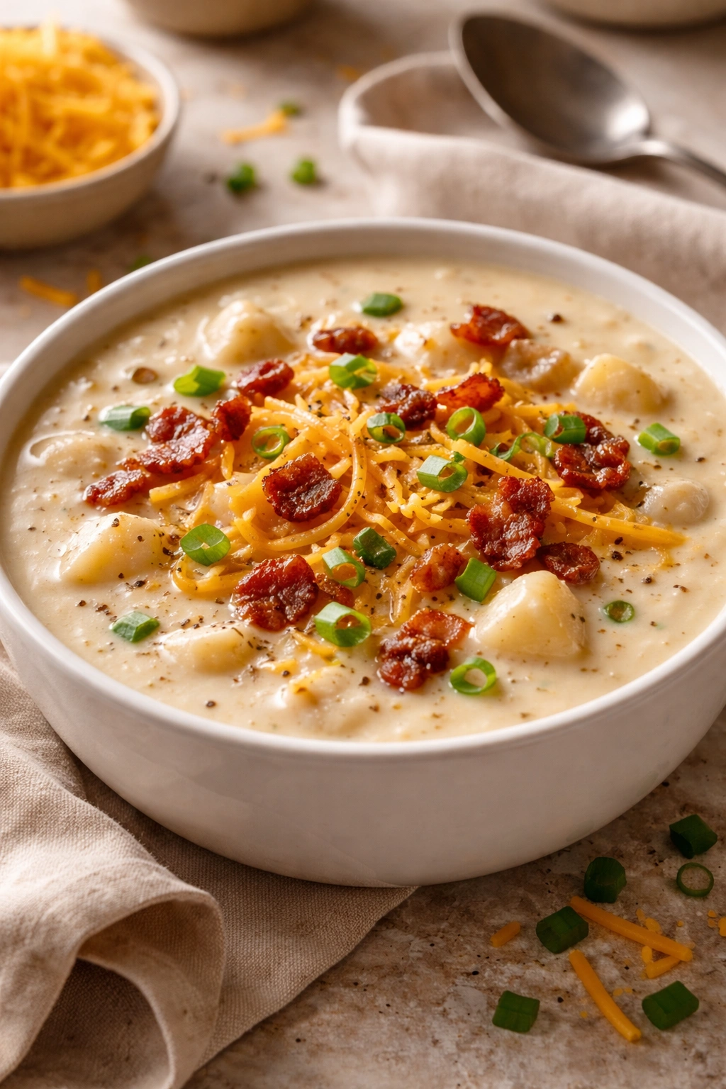 Creamy loaded potato soup with melted cheese on top