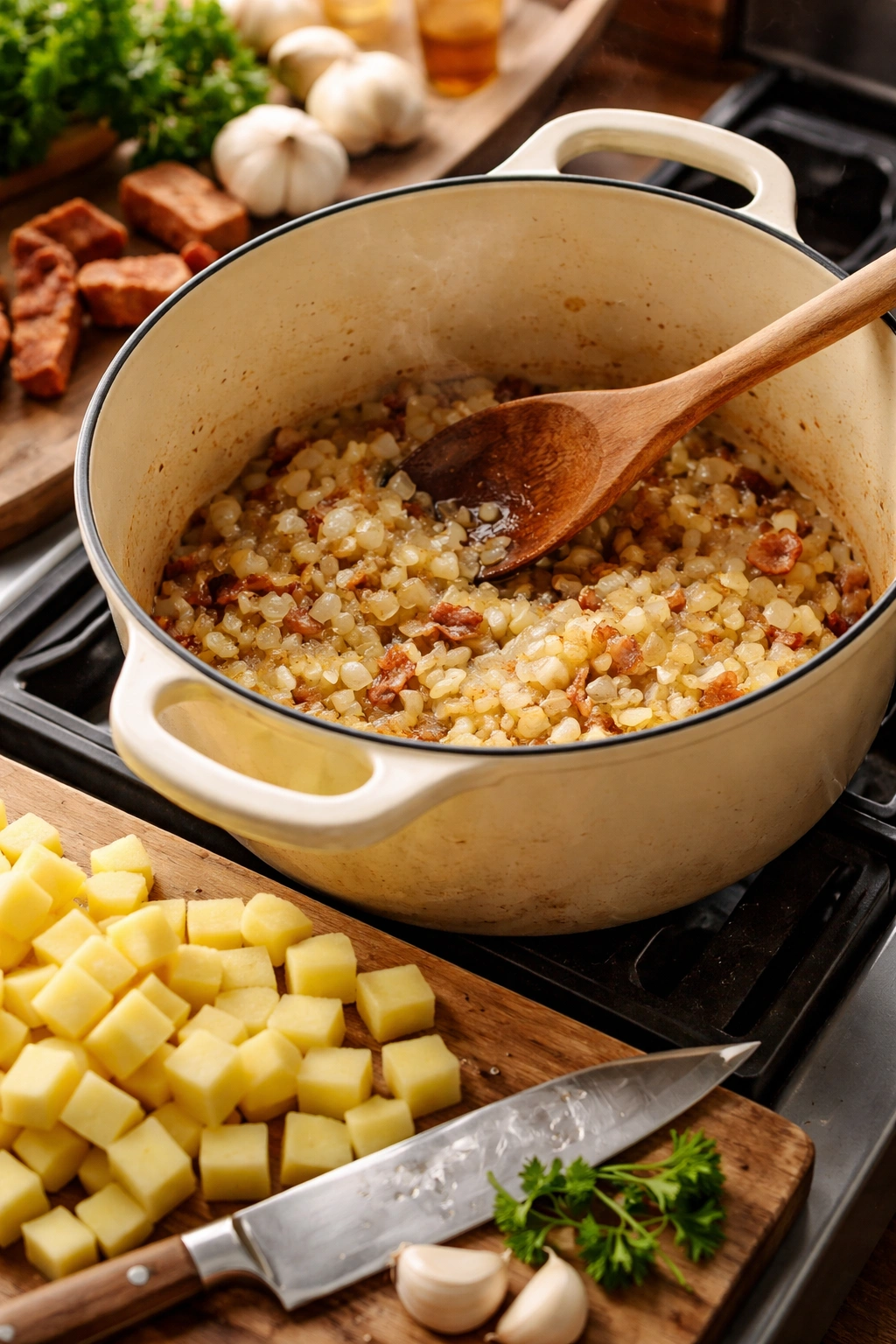 Pot on stove with onions browning and diced potatoes on board nearby