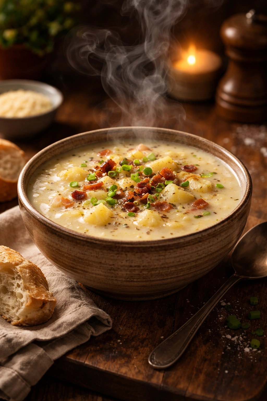 Steaming bowl of creamy potato soup in rustic ceramic bowl on wooden table