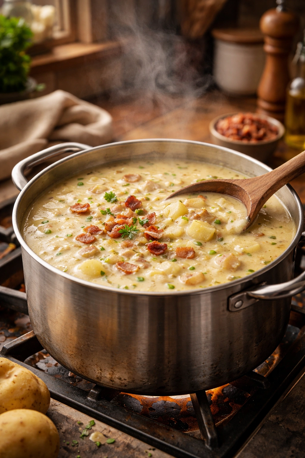 Steaming pot of creamy potato soup on stove in cozy kitchen