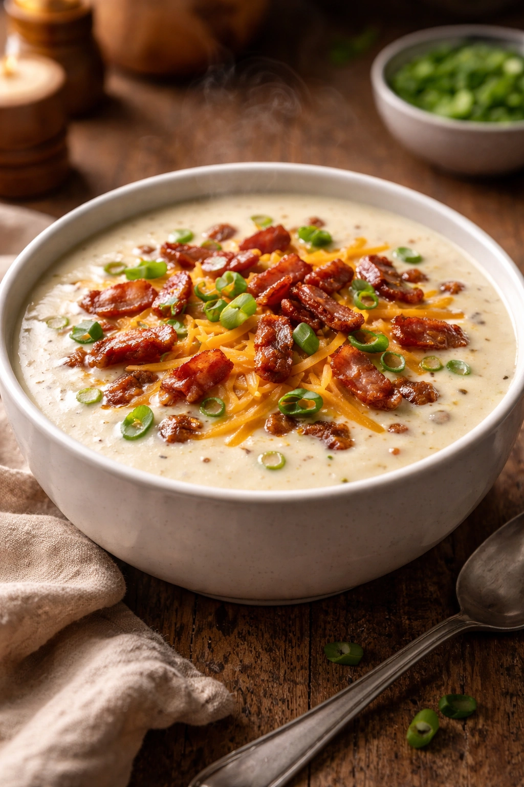 Creamy loaded baked potato soup with bacon cheddar in a bowl