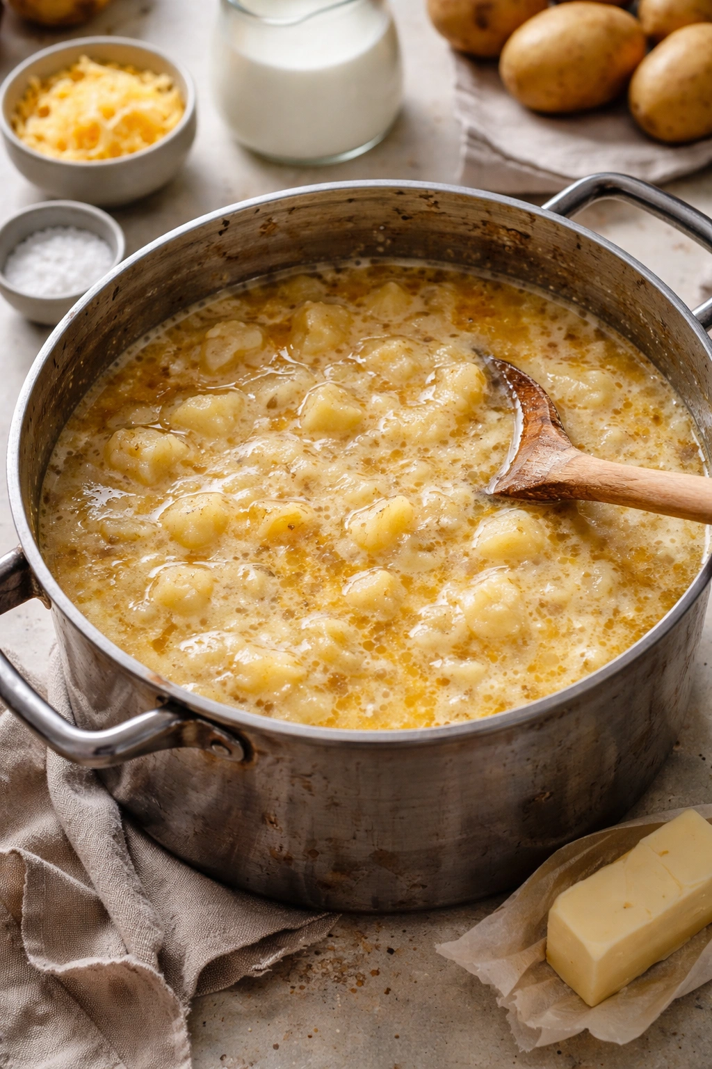 Pot of potato soup with uneven texture and separation illustrating common mistakes
