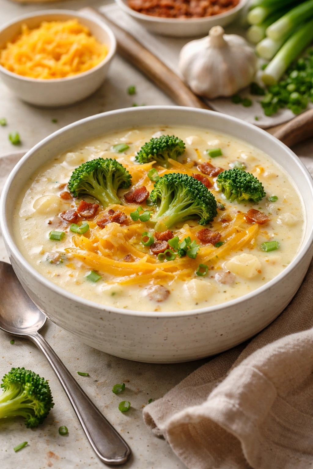 Bowl of potato soup with cheddar swirl and broccoli florets showing flavor variations