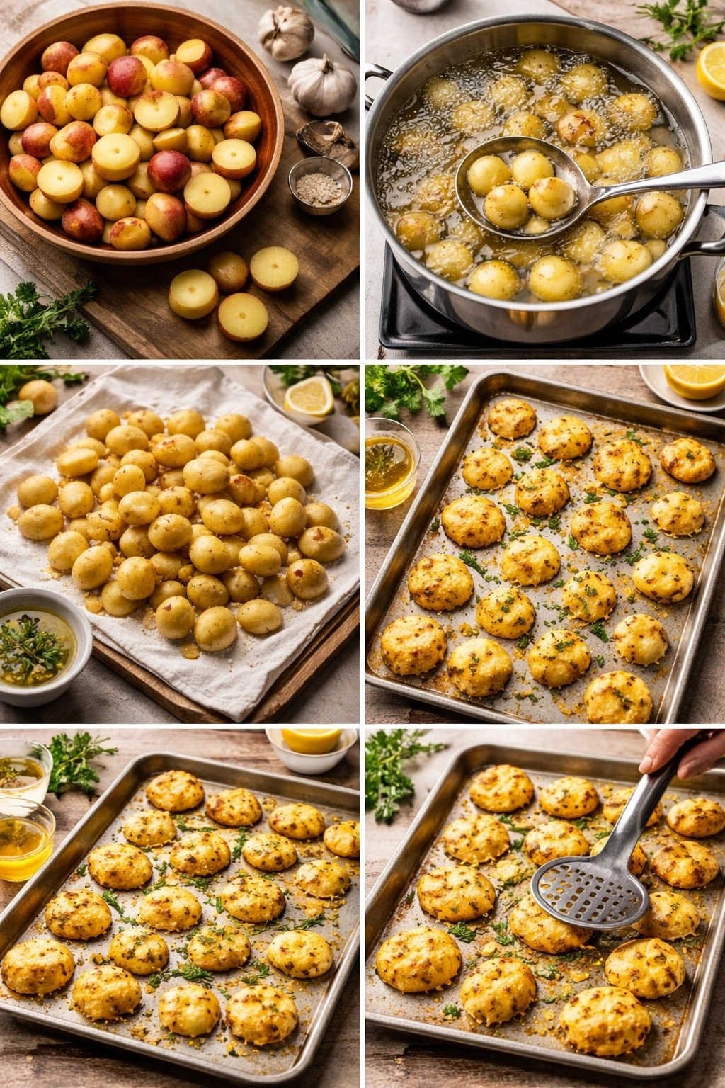 Storyboard-style montage of potatoes from boiling to roasting to smashing