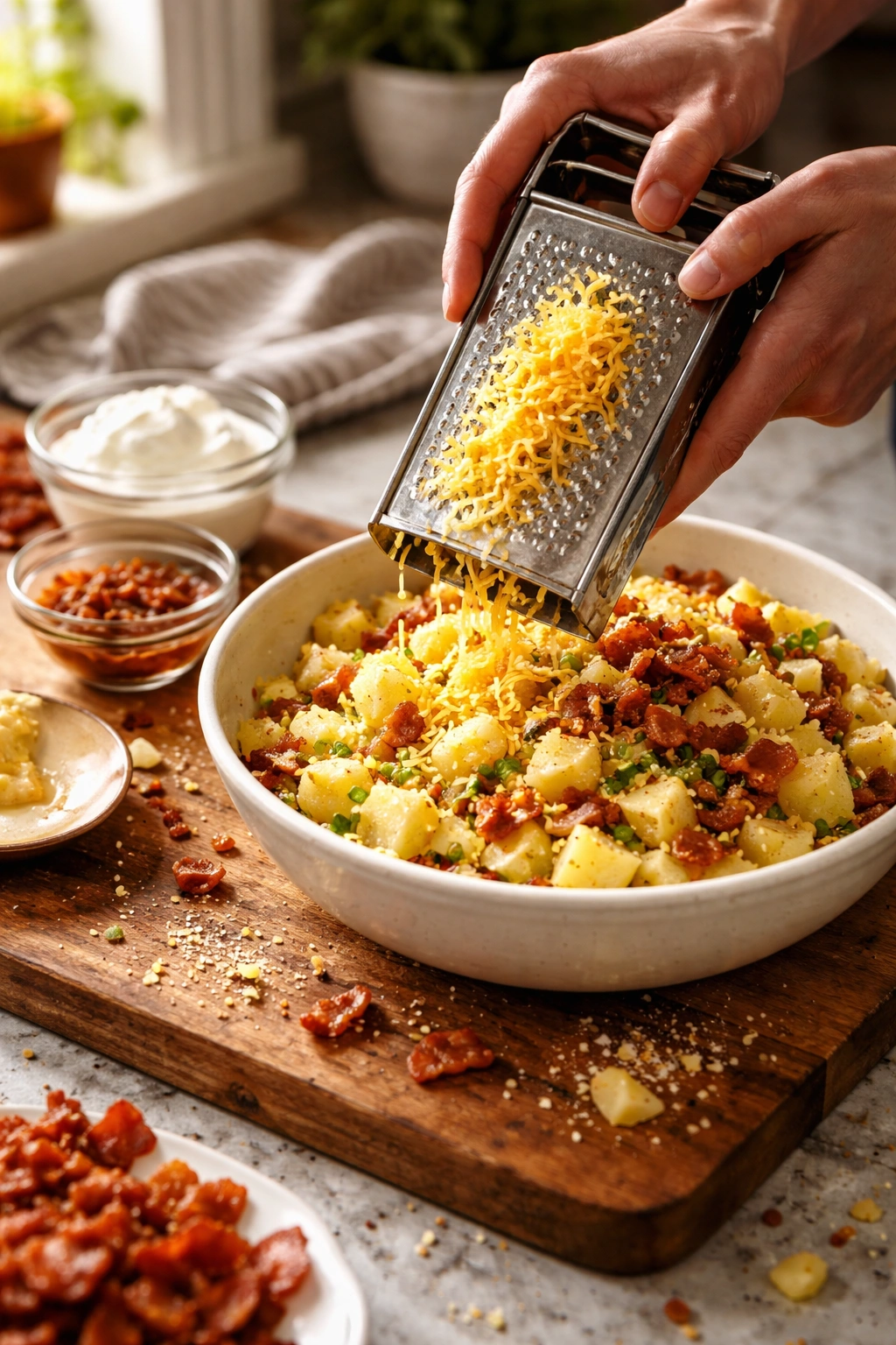 Close-up of grated cheese and cooling potatoes with bacon fat in a kitchen