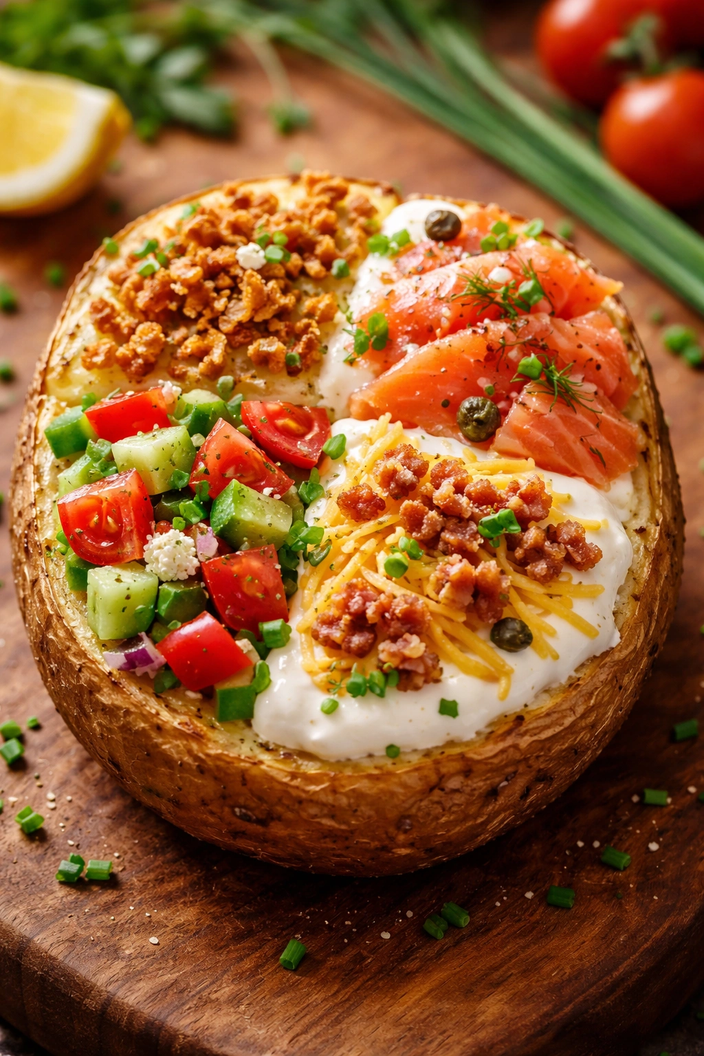 Baked potato half with four distinct toppings