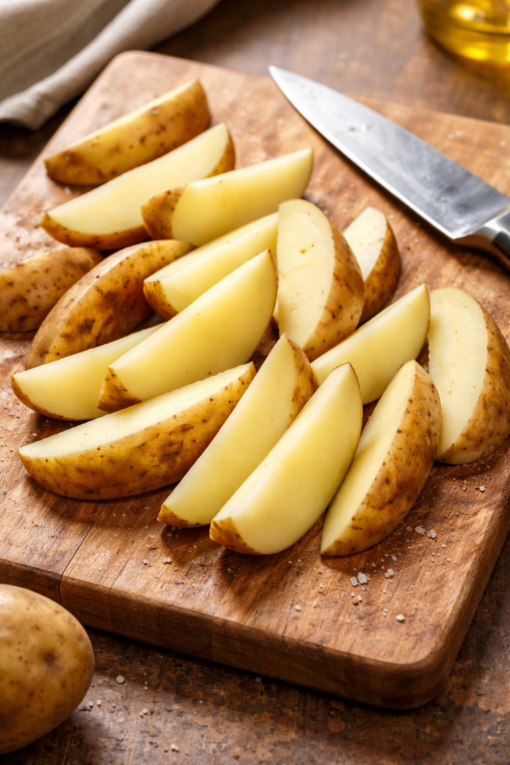 Uniformly cut potato wedges on cutting board with knife