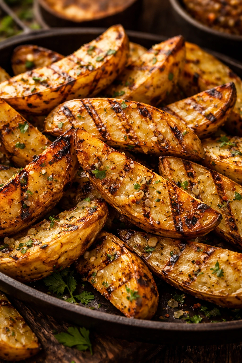 Crispy grilled potato wedges with garlic and herbs on a grill surface
