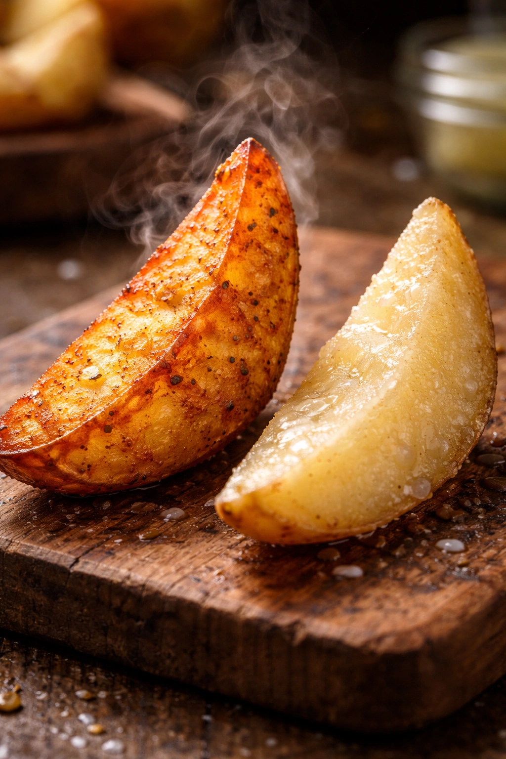 Close-up of two wedges showing crispy homemade crust vs soggy frozen texture