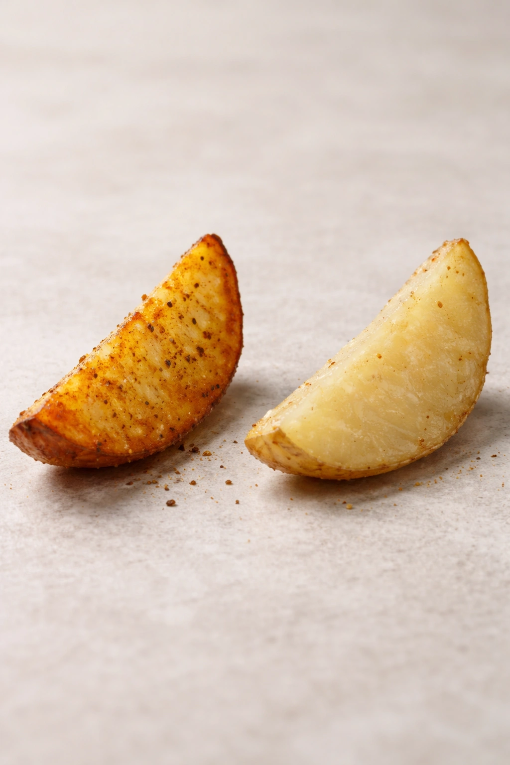 Two potato wedges, one crispy and one undercooked, showing common mistakes