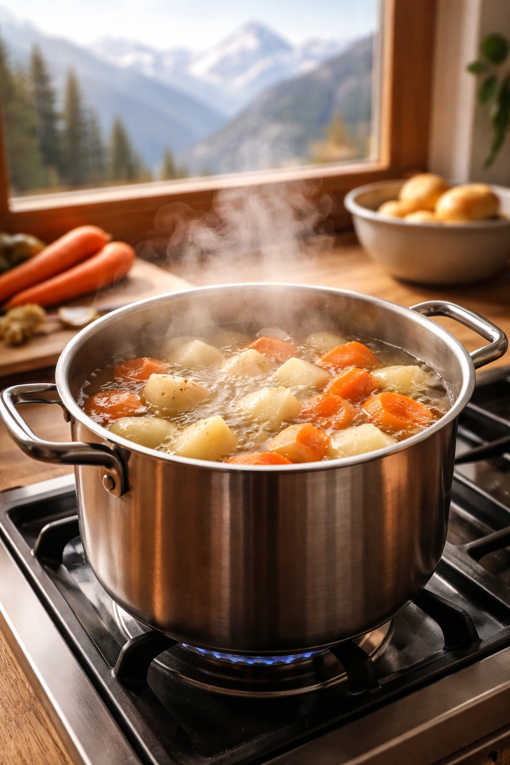 Potatoes and carrots boiling in a pot with a distant mountain view