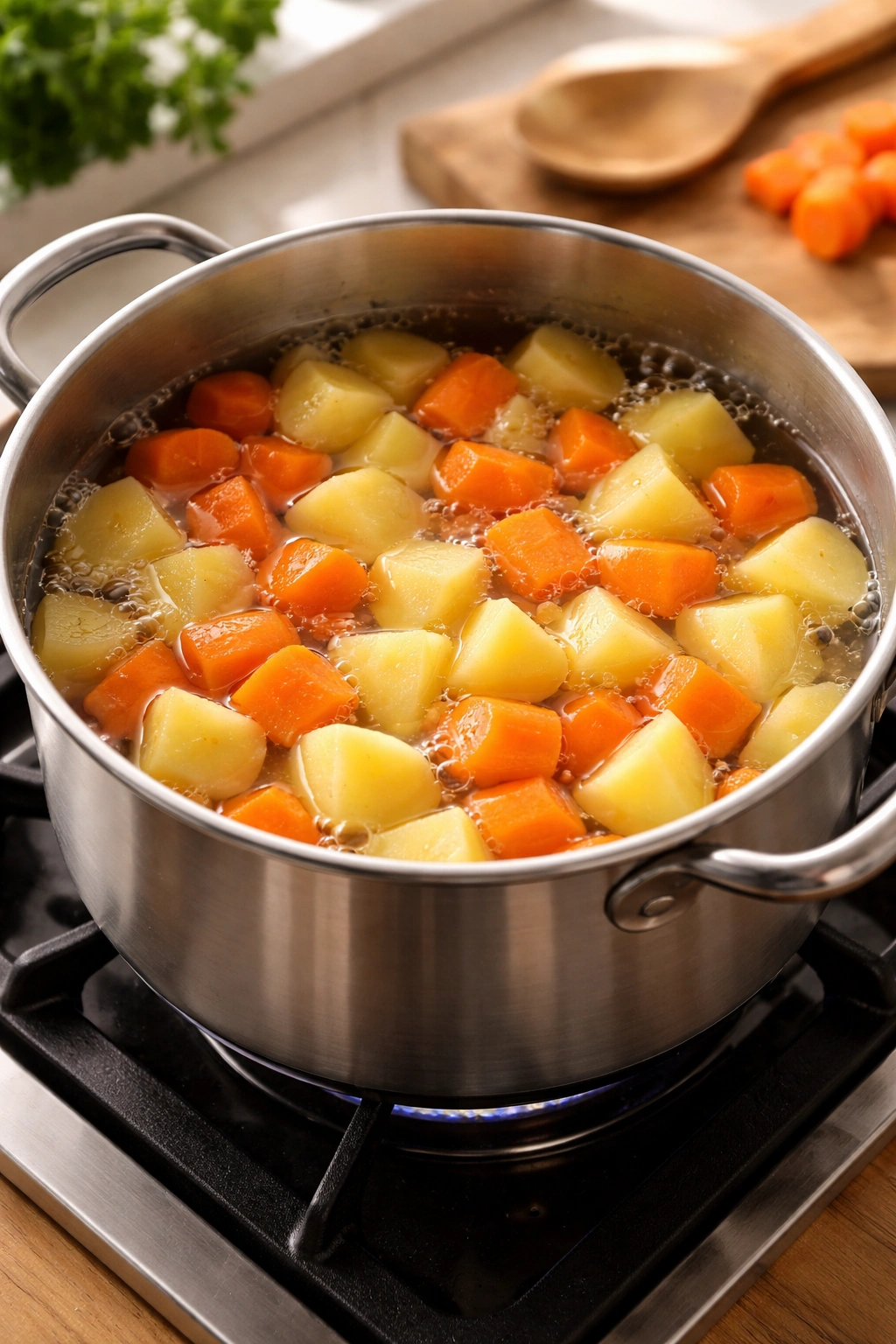 Potatoes and carrots boiling together in a pot of salted water