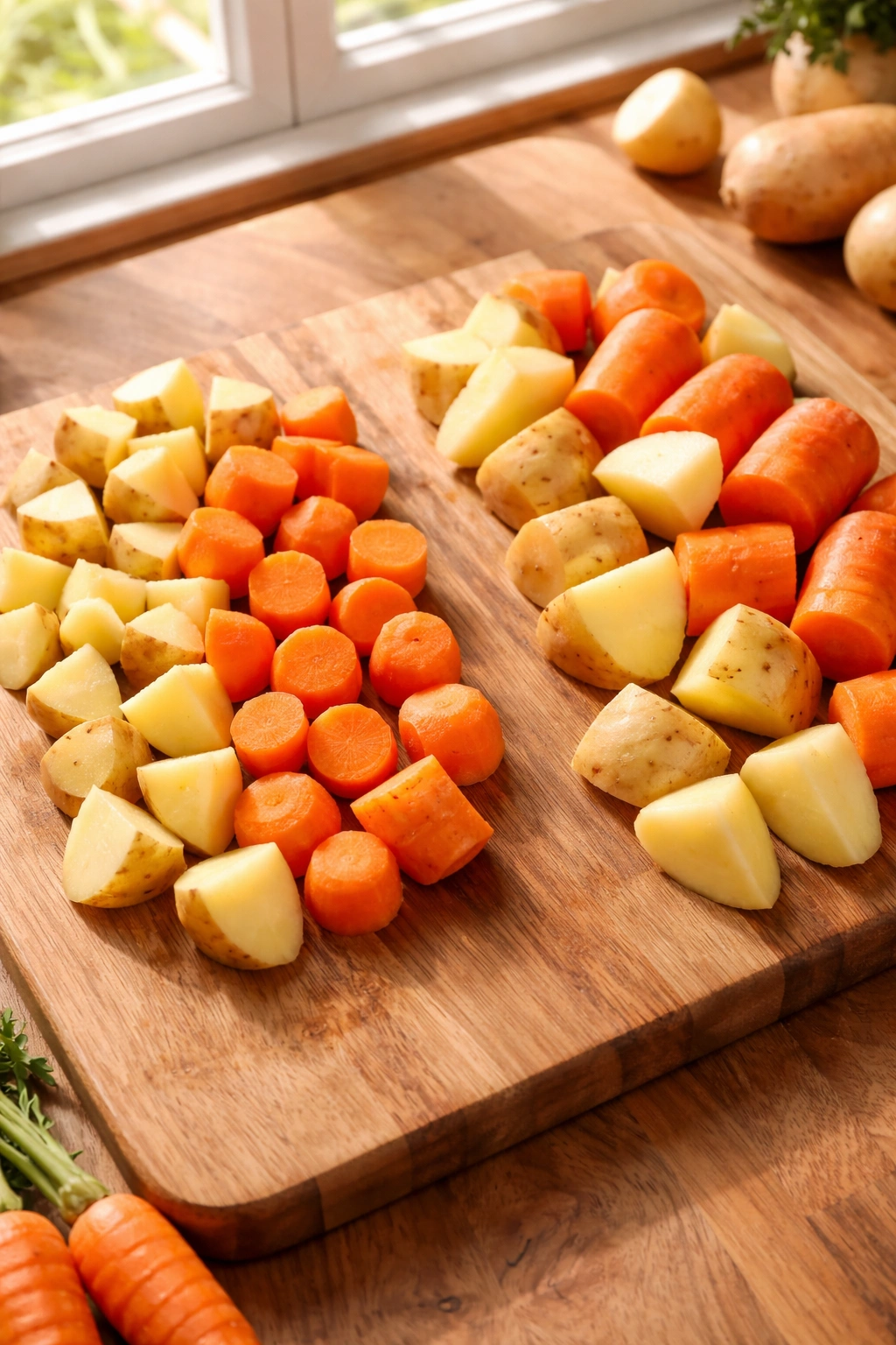 Close-up of potatoes and carrots cut into 1-inch and 2-inch chunks on a cutting board