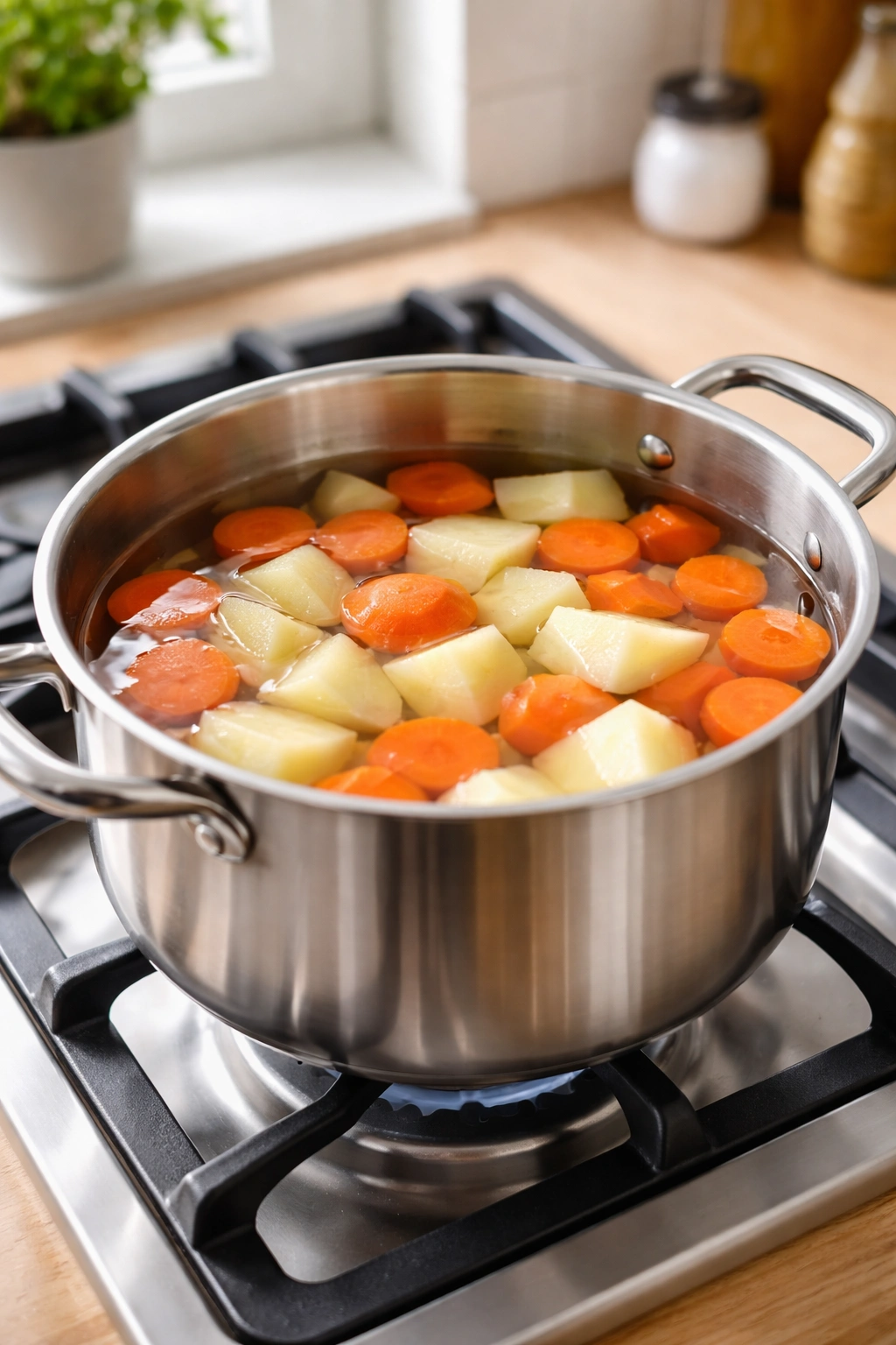 Potatoes and carrots soaking in cold water in a pot