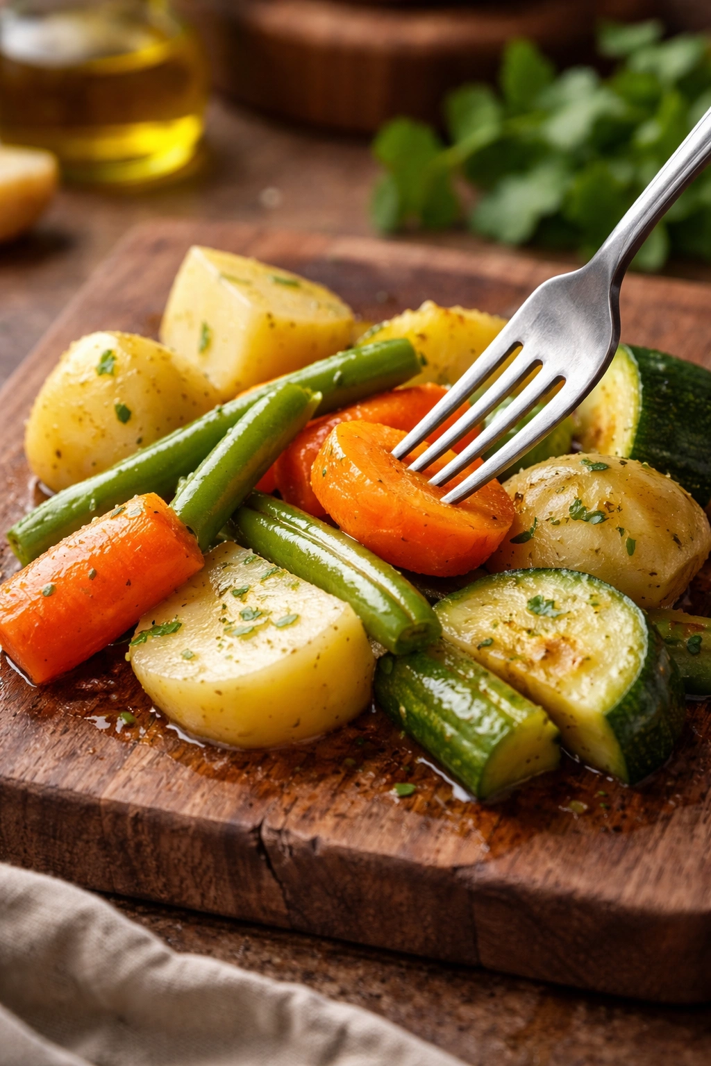 Close-up of potatoes, carrots, green beans, and zucchini on a wooden board with a fork testing tenderness