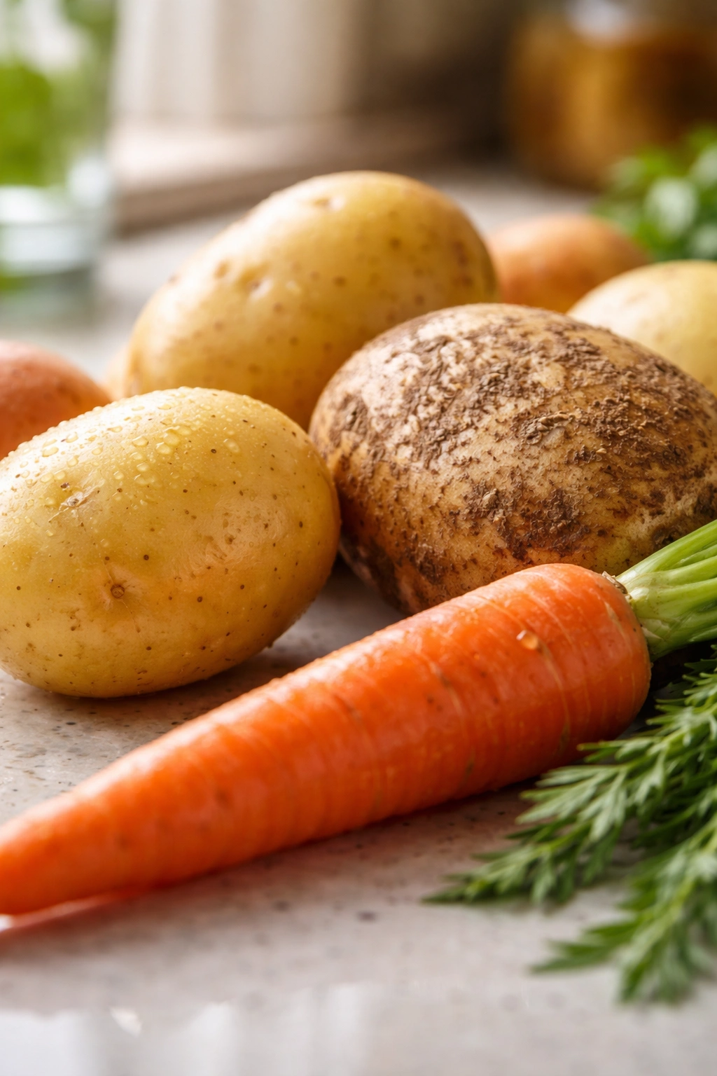 Close-up of potatoes showing different textures and a carrot to indicate freshness