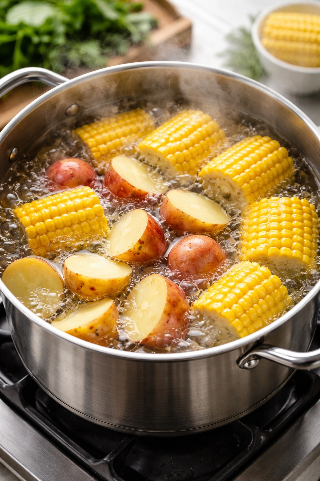 Potatoes and corn boiling in salted water on the stove