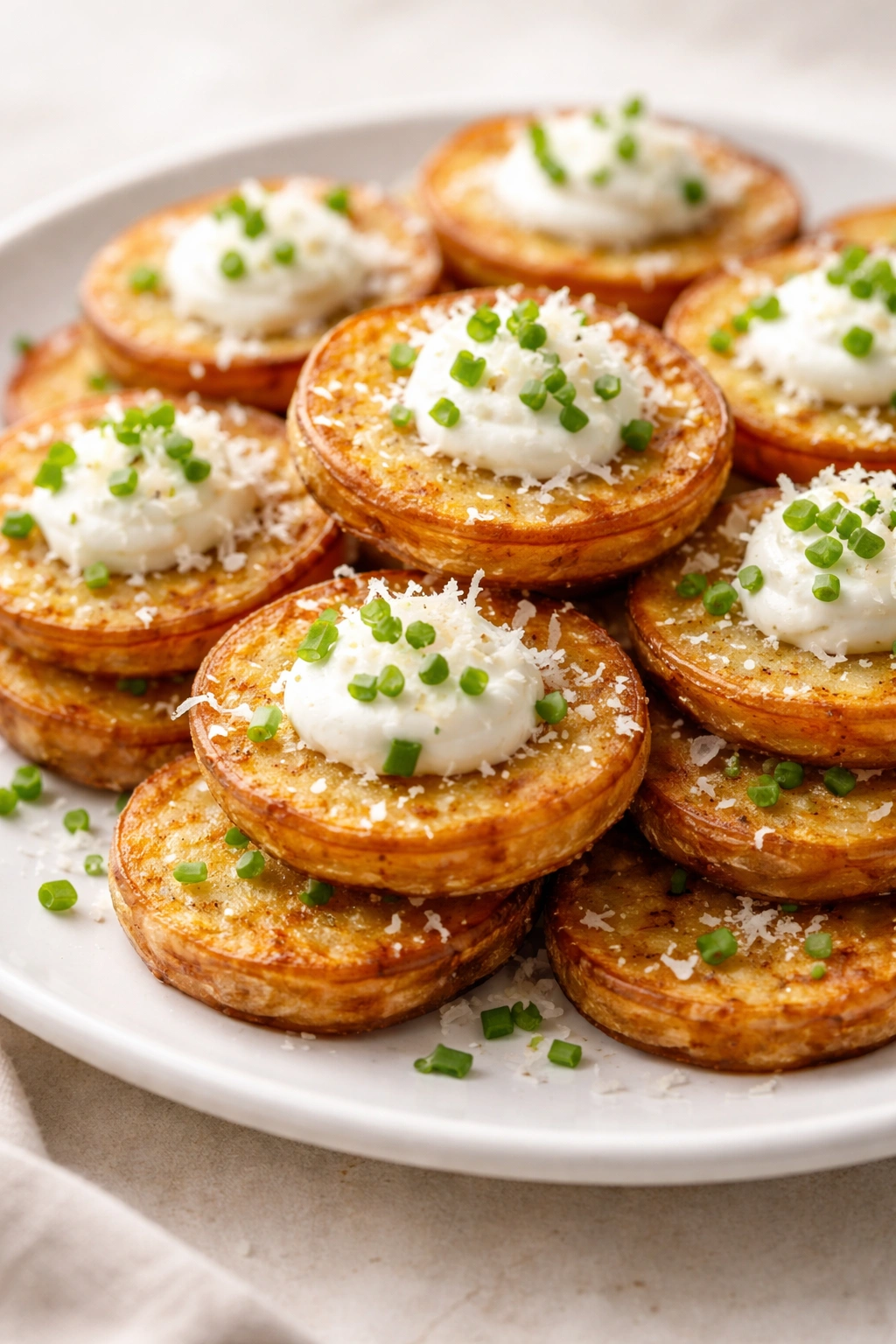 Close-up of crispy potato rounds topped with sour cream parmesan and chives on a plate