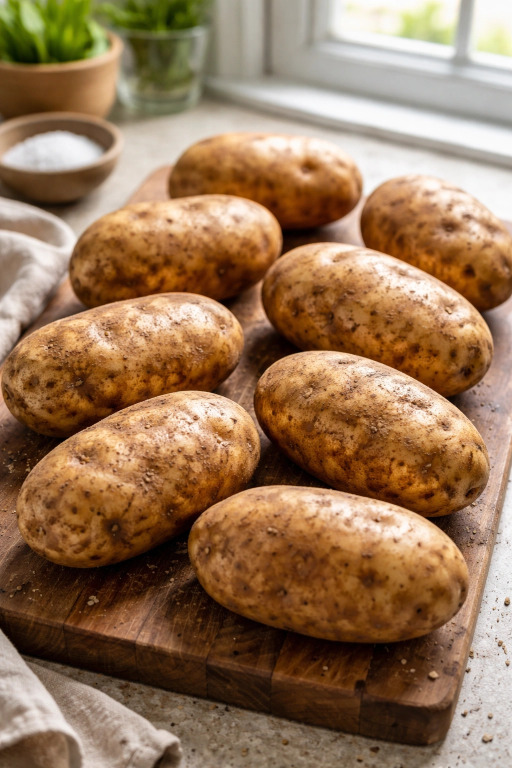 Russet potatoes on a wooden board ready for washing and baking