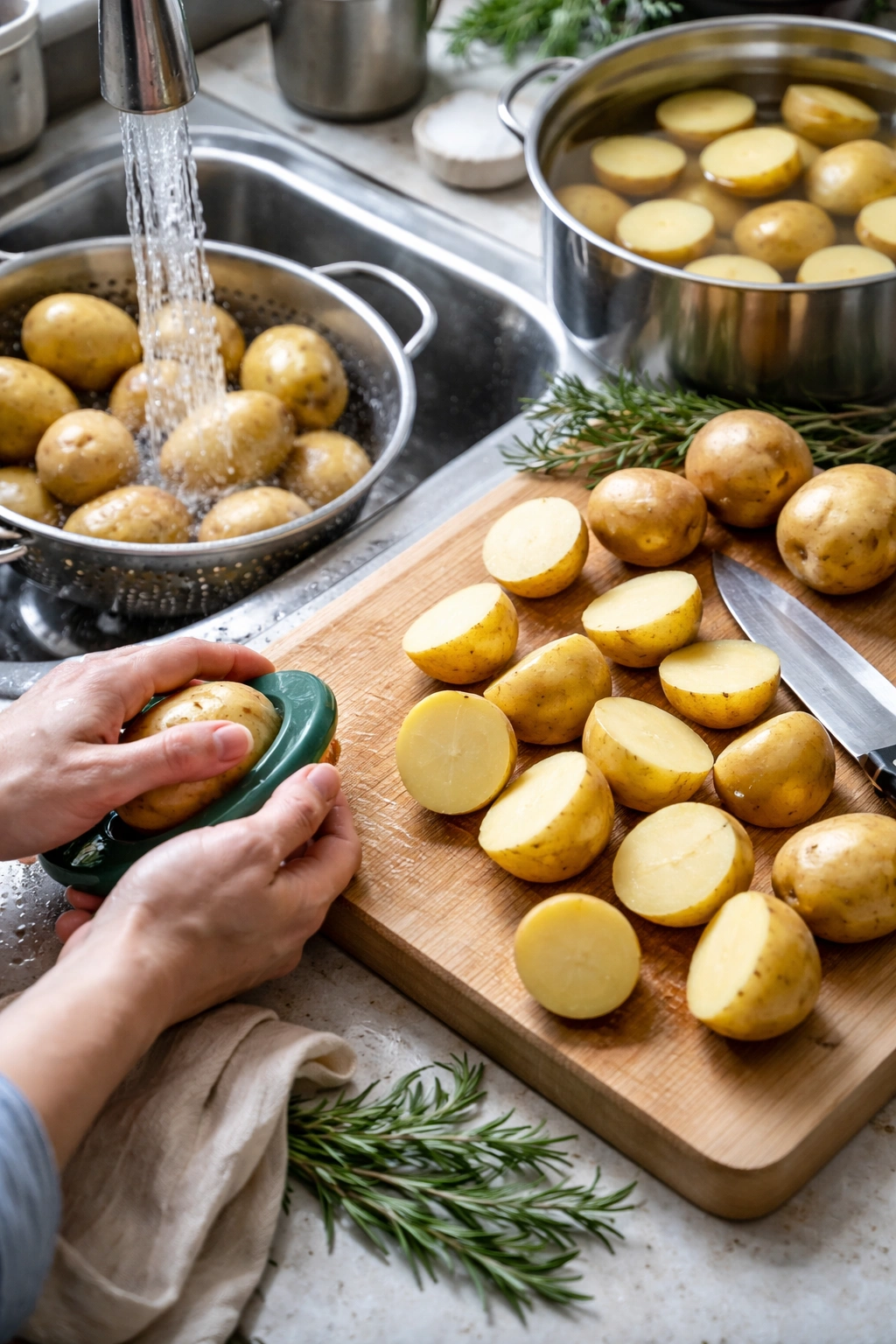 Potatoes being scrubbed and cut on a cutting board ready for boiling