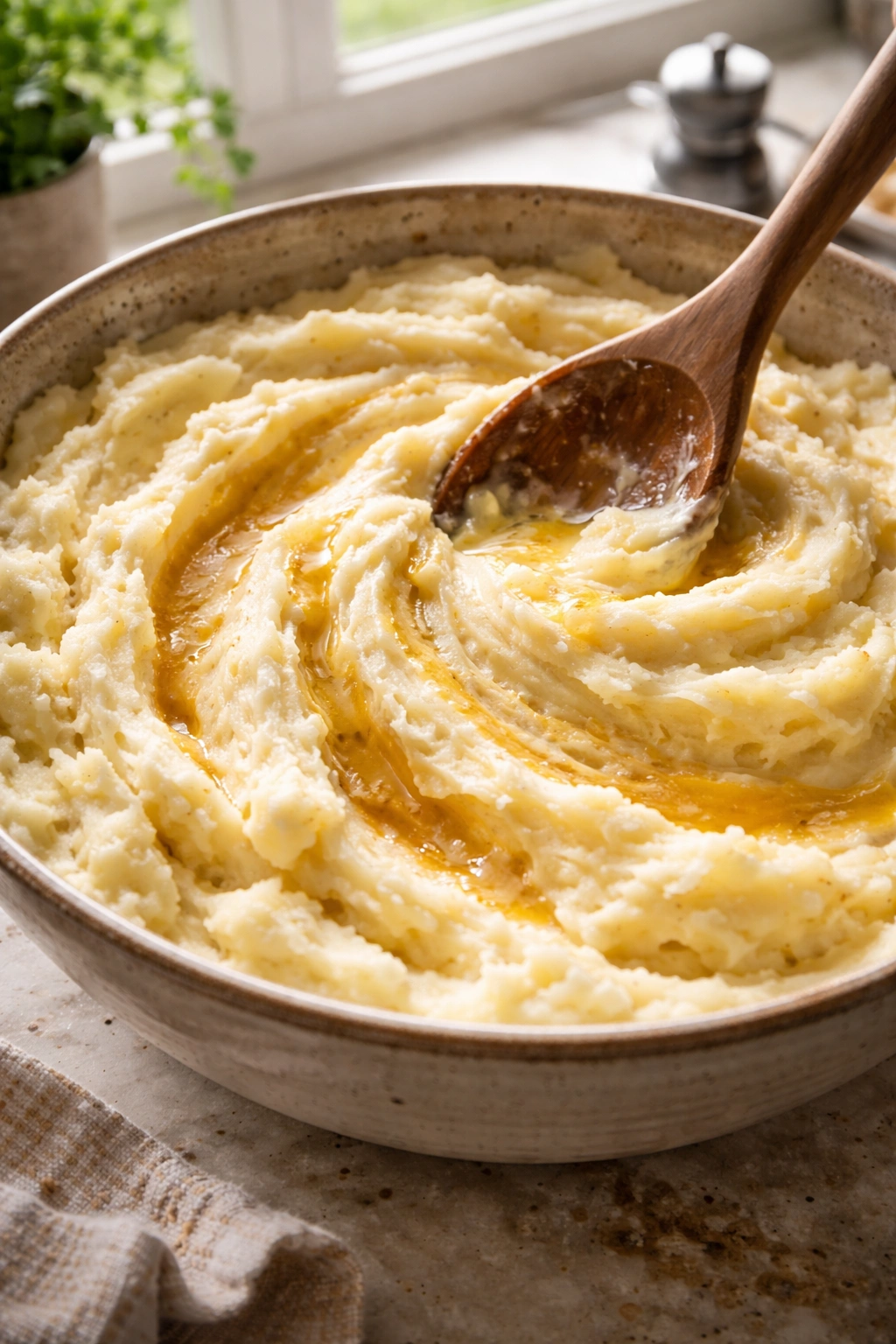 Close-up of silky mashed potatoes folded with cream and brown butter, showcasing texture