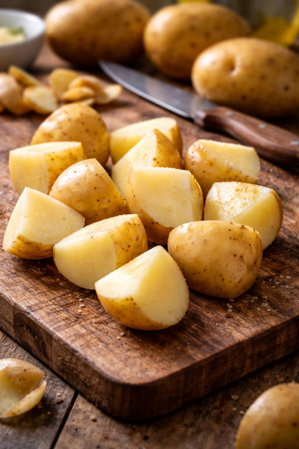 Yukon Gold potato chunks on a wooden board