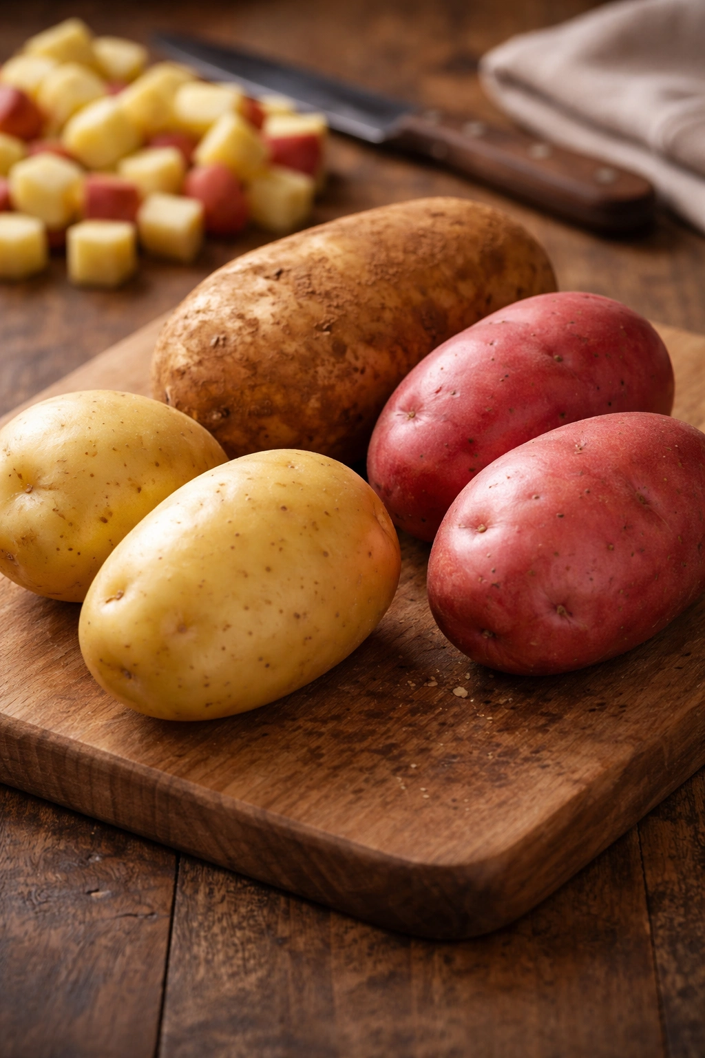 Three potatoes Yukon Gold Russet Red on cutting board
