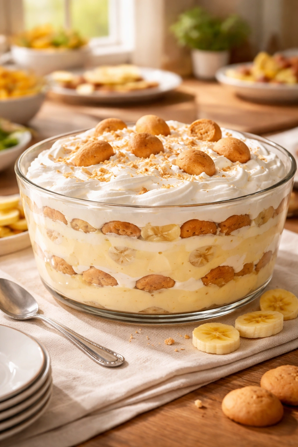 Large banana pudding dish with whipped cream on a warm dining table