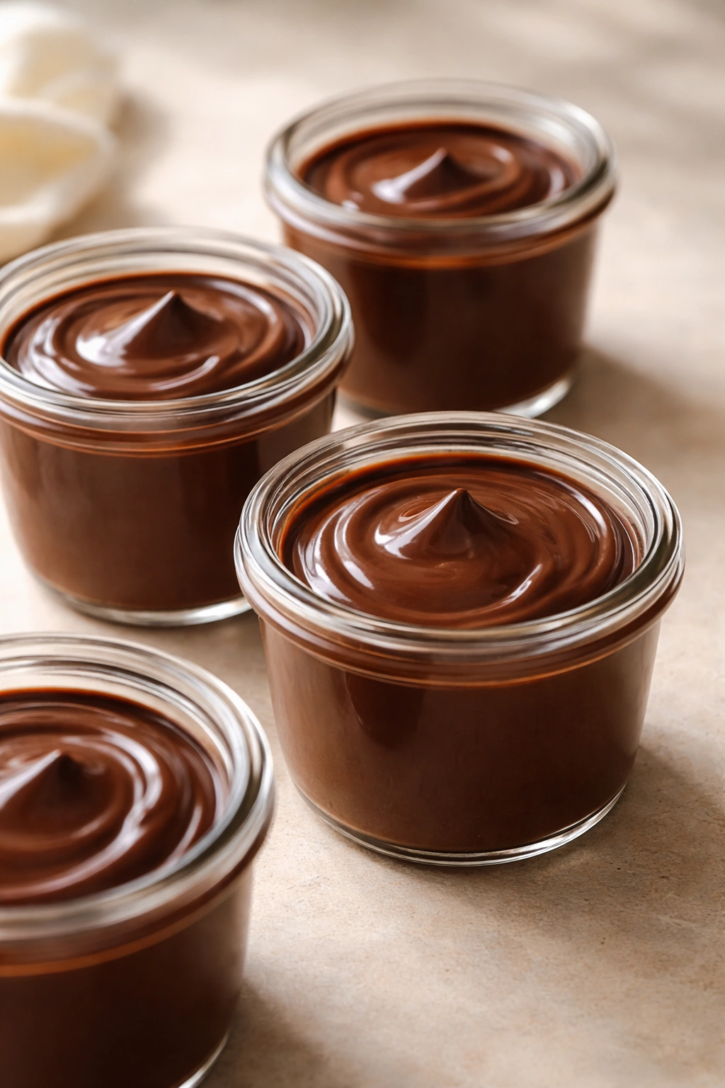 Close-up of glossy chocolate pots de crème in glass pots on a neutral background