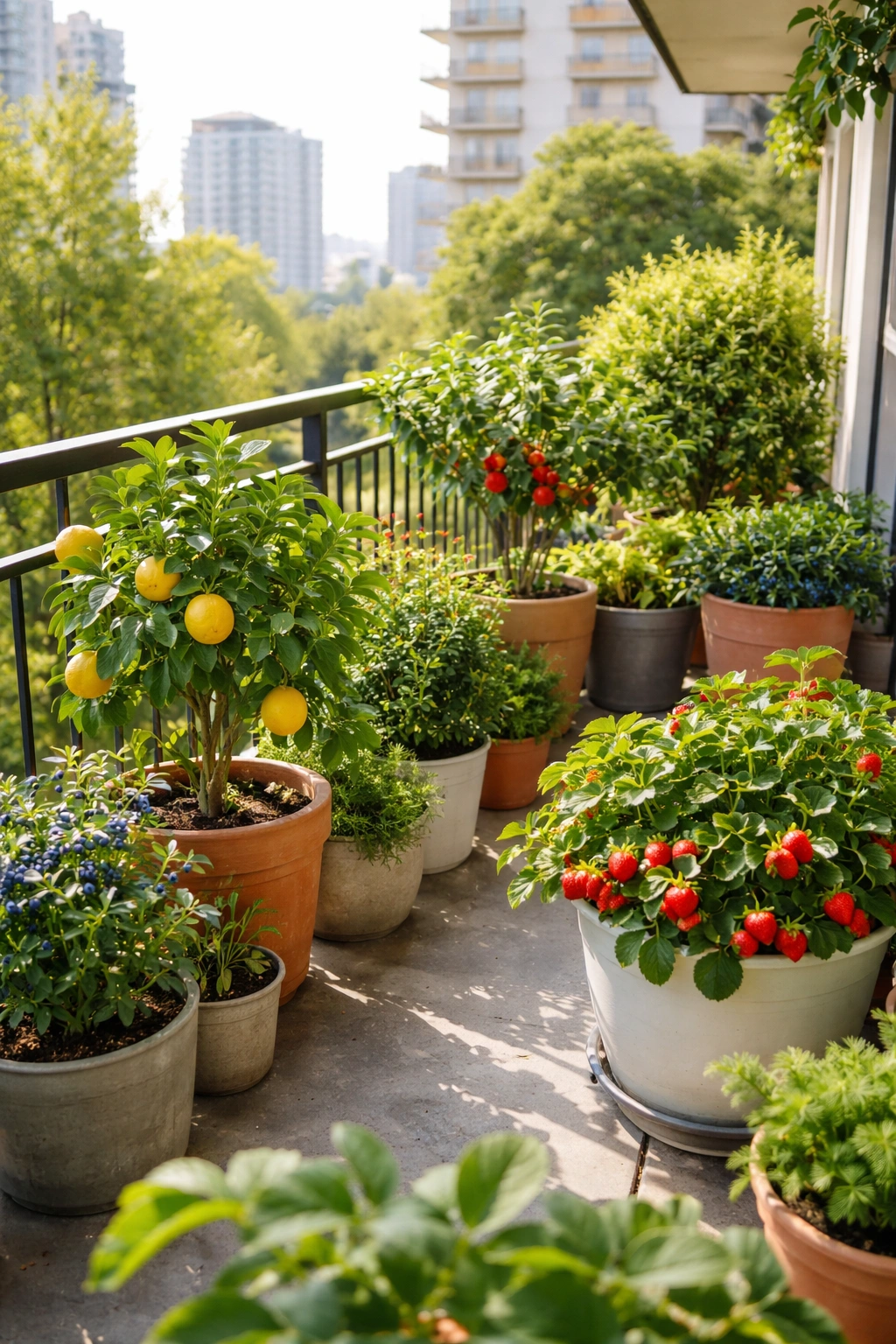 Potted fruit plants on a modern balcony showing container gardening and mobility