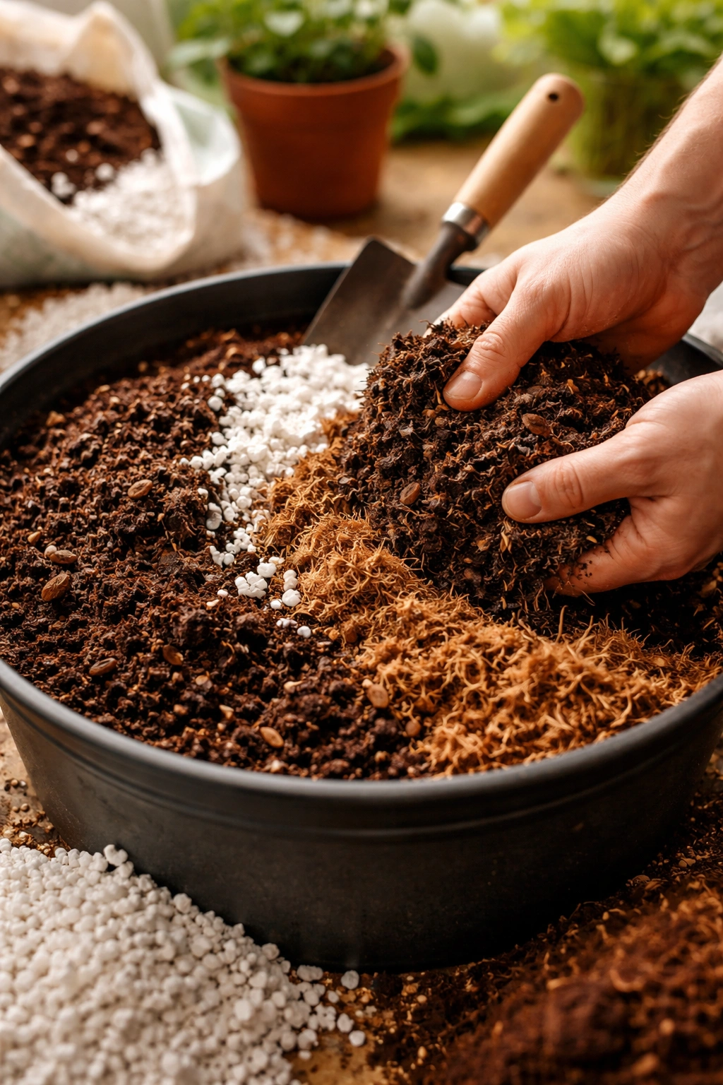 Close-up of potting mix components being mixed for containers.