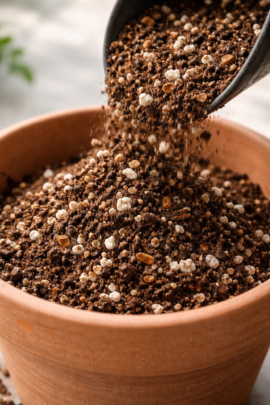 Close-up of potting mix with peat moss, perlite, and vermiculite in a pot
