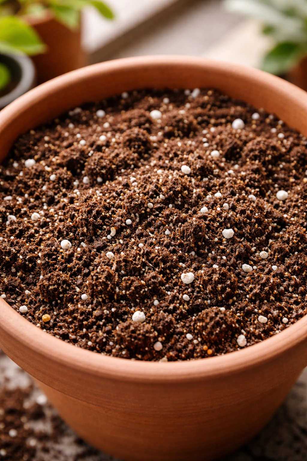 Light, airy potting mix with perlite and coconut coir visible in a pot