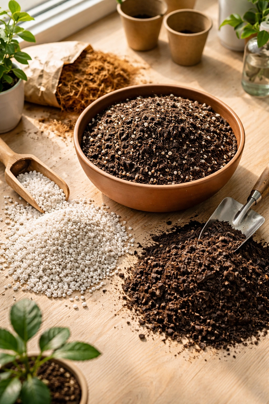 Close-up of potting mix components ready to blend
