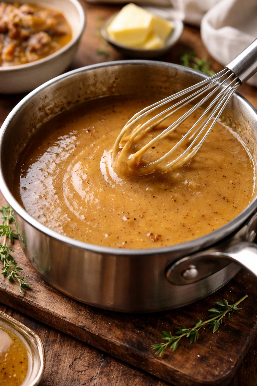 Thick poultry gravy in a small saucepan with a glossy surface