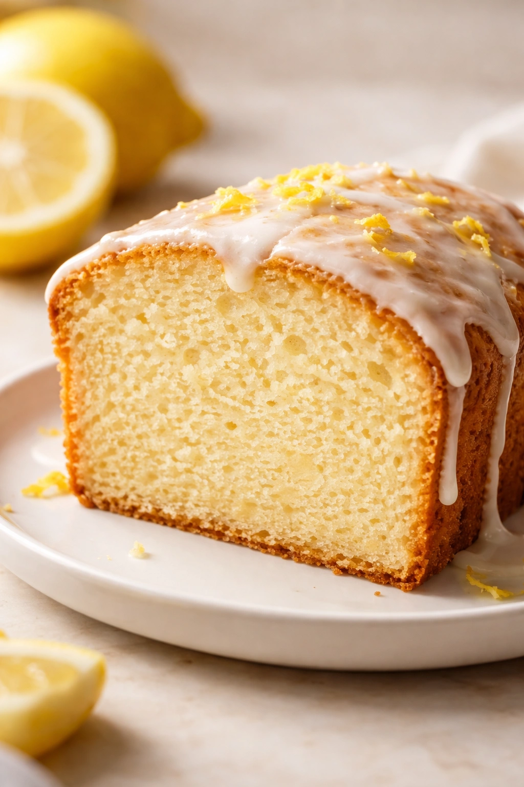 Close-up of moist lemon pound cake slice with tender crumb