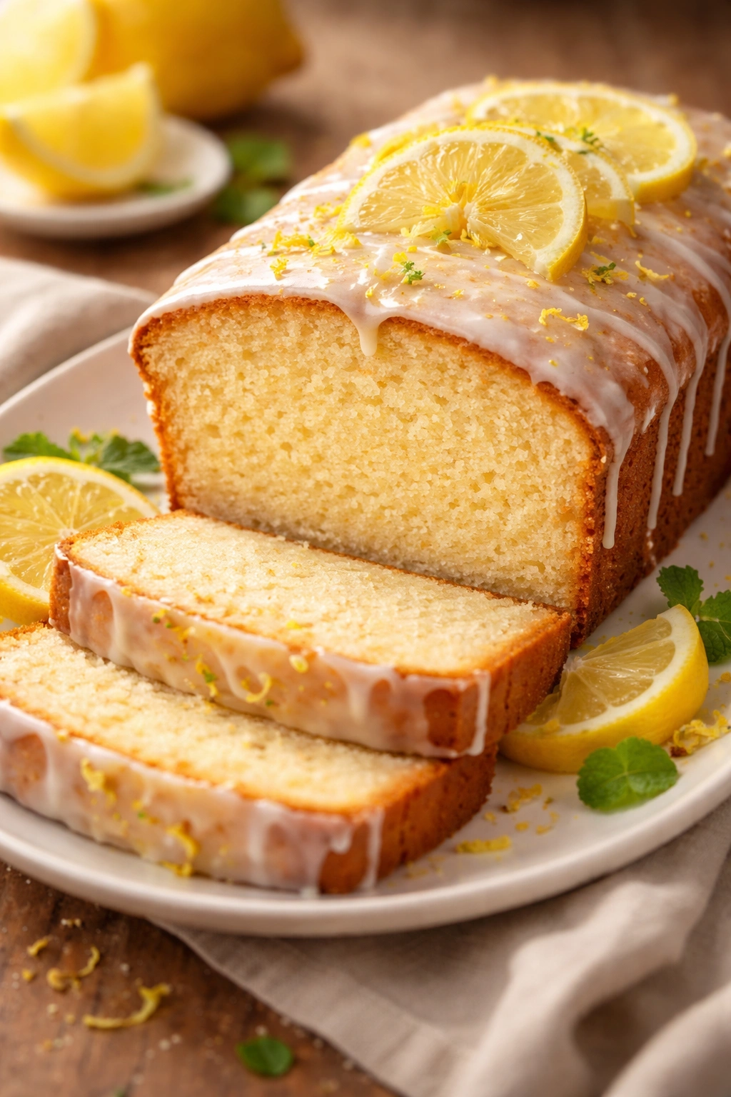 Sliced lemon pound cake showing tender, moist crumb