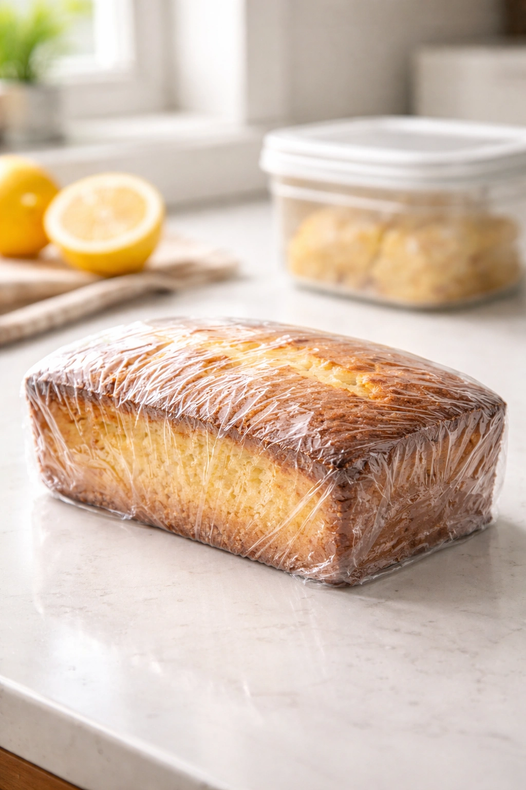 Lemon pound cake wrapped in plastic for storage