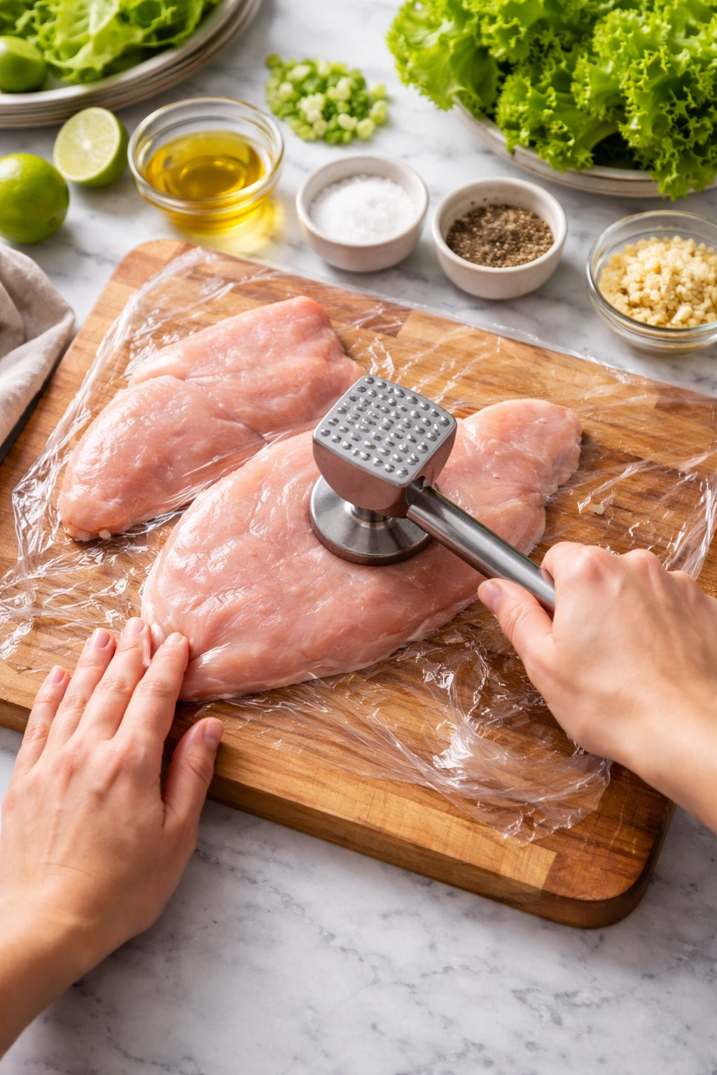 Hands pounding chicken on cutting board with a mallet