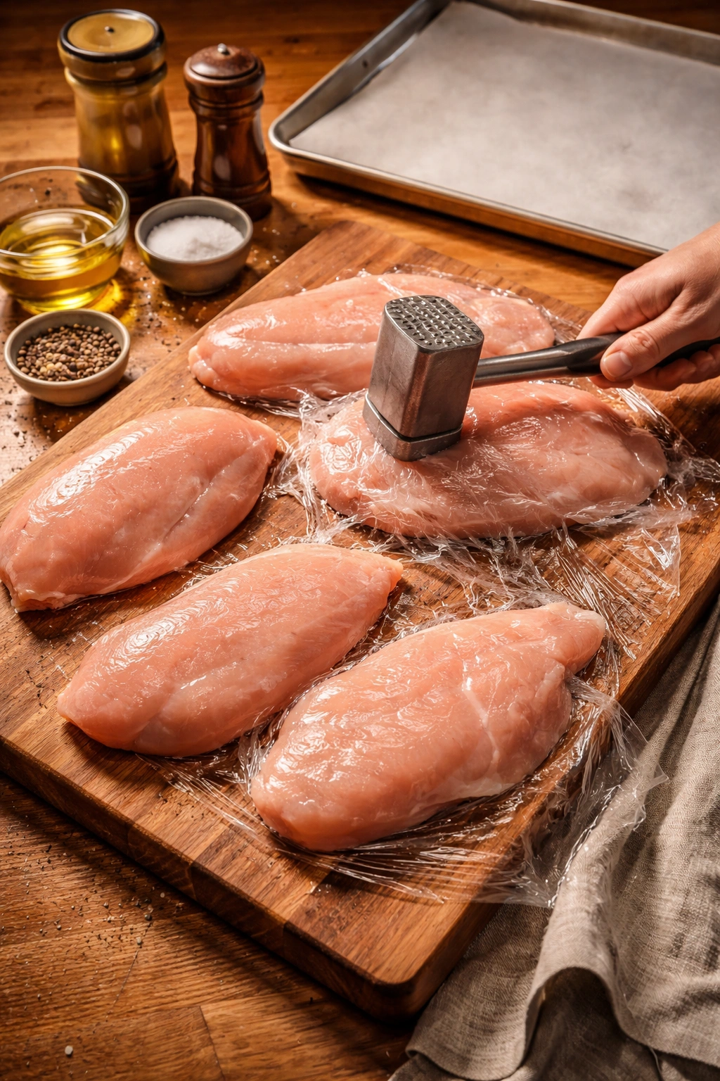 Chicken breasts being pounded to even thickness on a cutting board