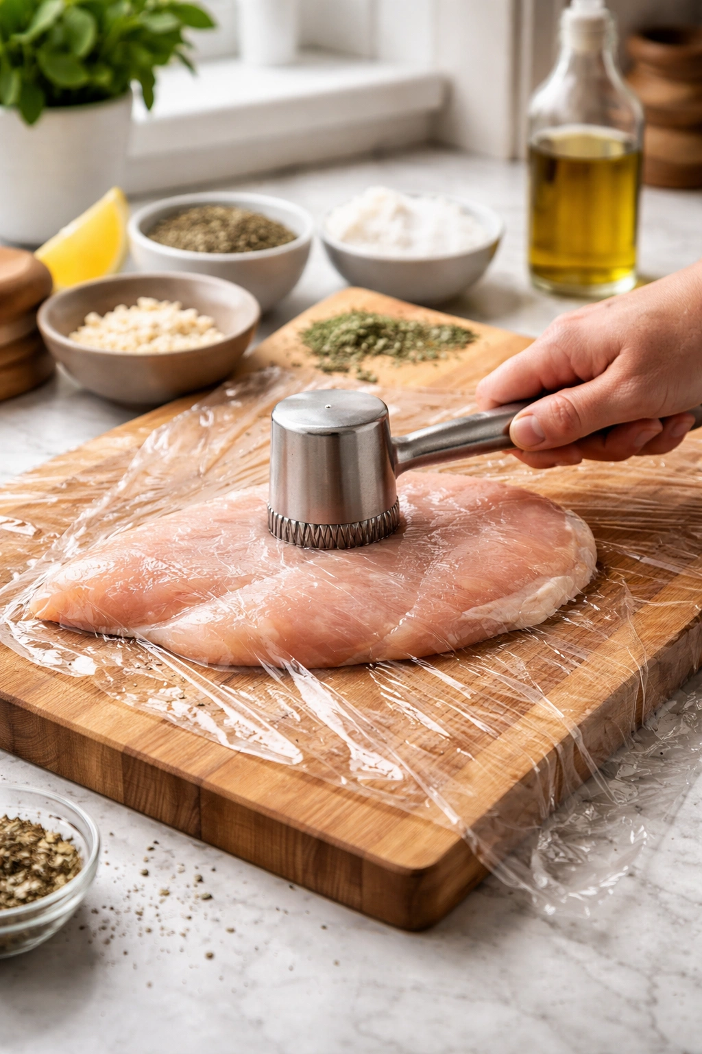 Pounding chicken breast to an even thickness on a cutting board