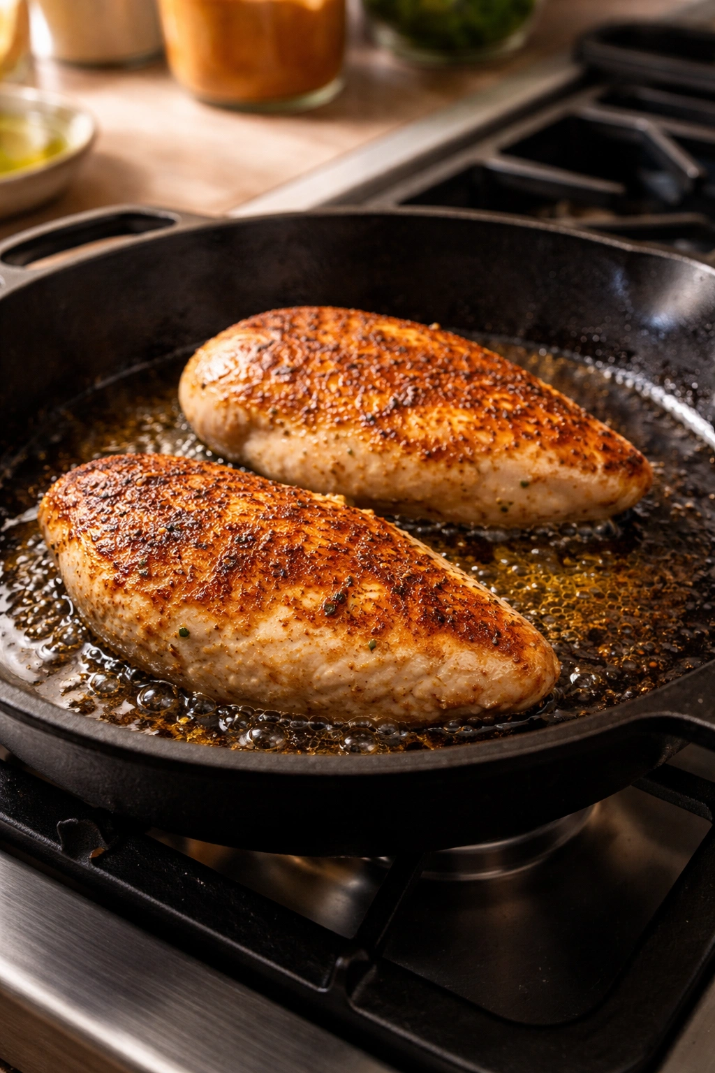 Chicken breasts searing in a cast iron skillet