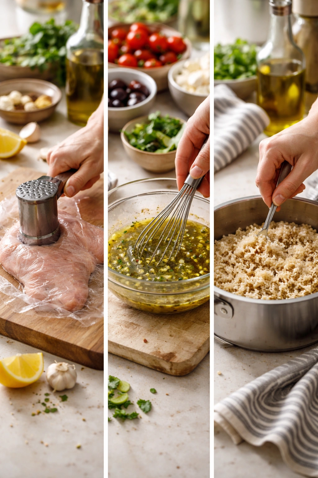 Hands pounding chicken and preparing marinade for step-by-step instructions