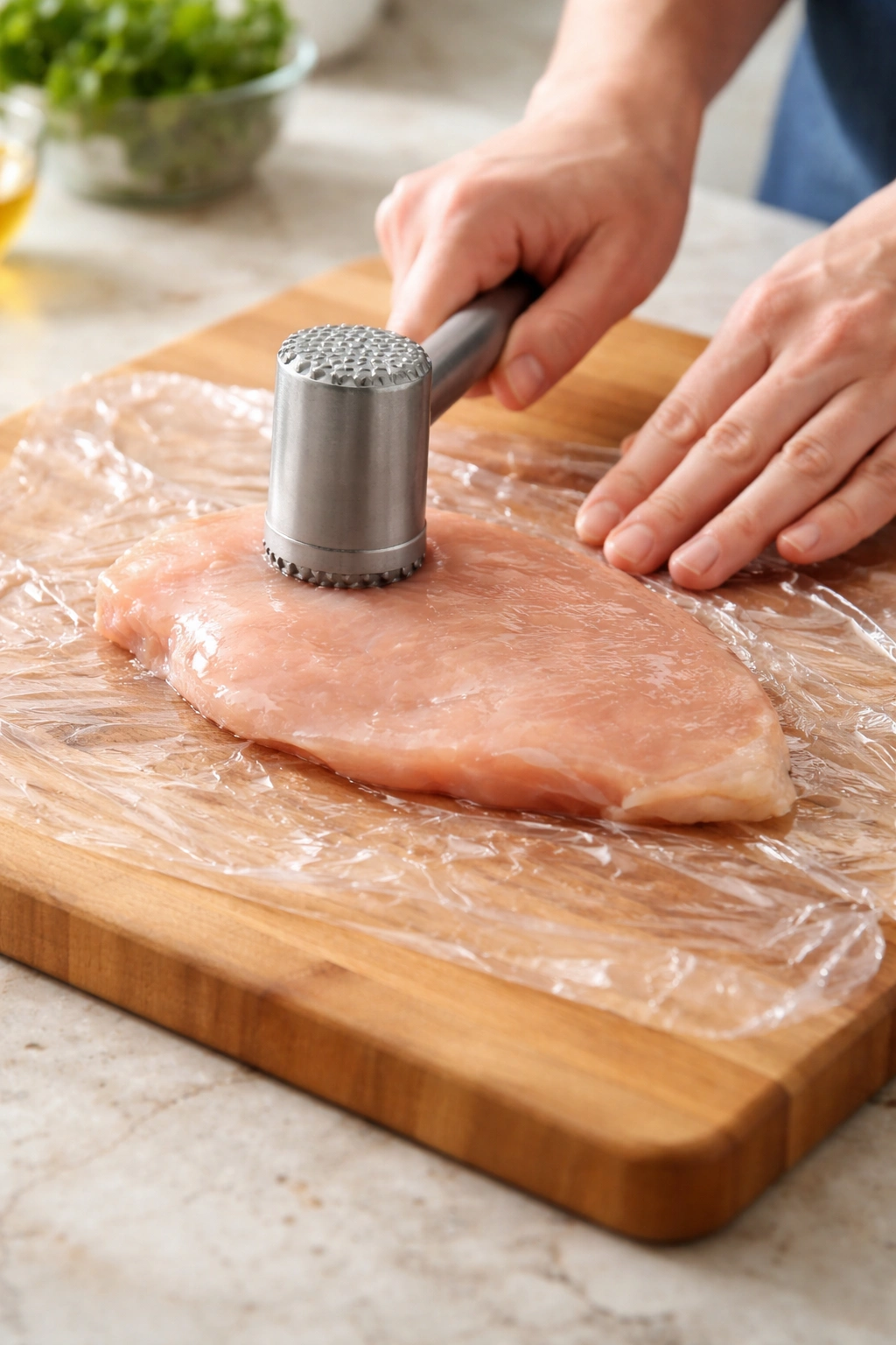 Chicken breast being pounded to even thickness