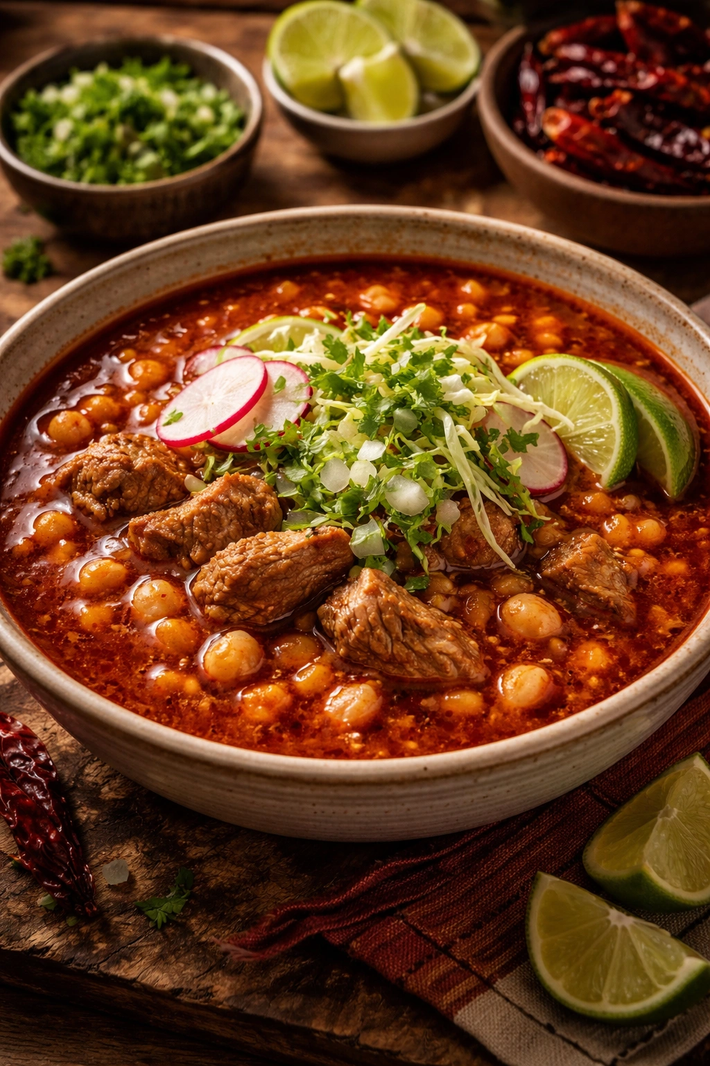 Bowl of pozole rojo with hominy and pork in red broth